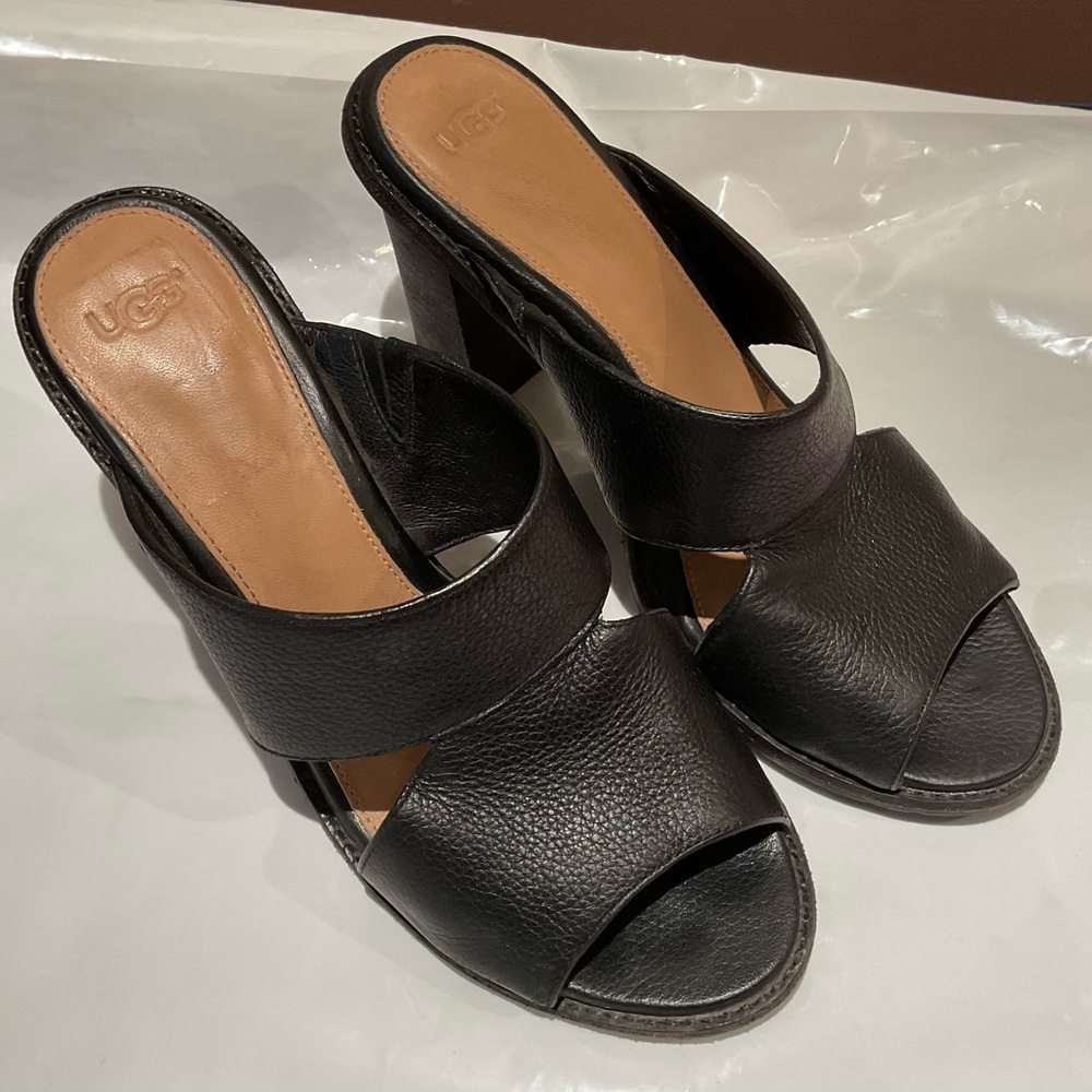 UGG Celia Black Leather Heeled Sandals